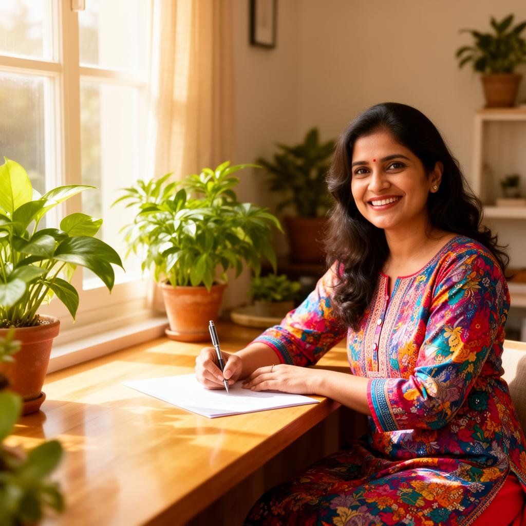 Woman doing handwriting work from home