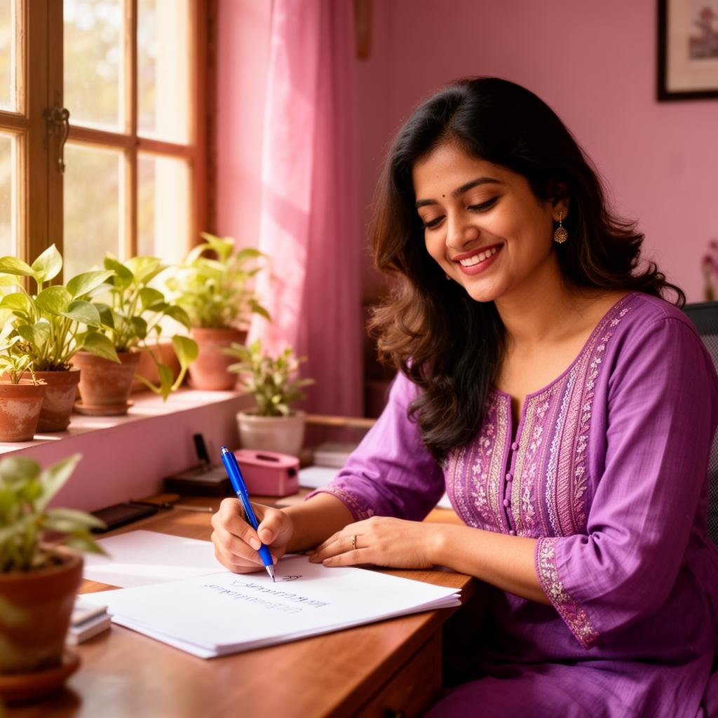 Woman doing handwriting work from home