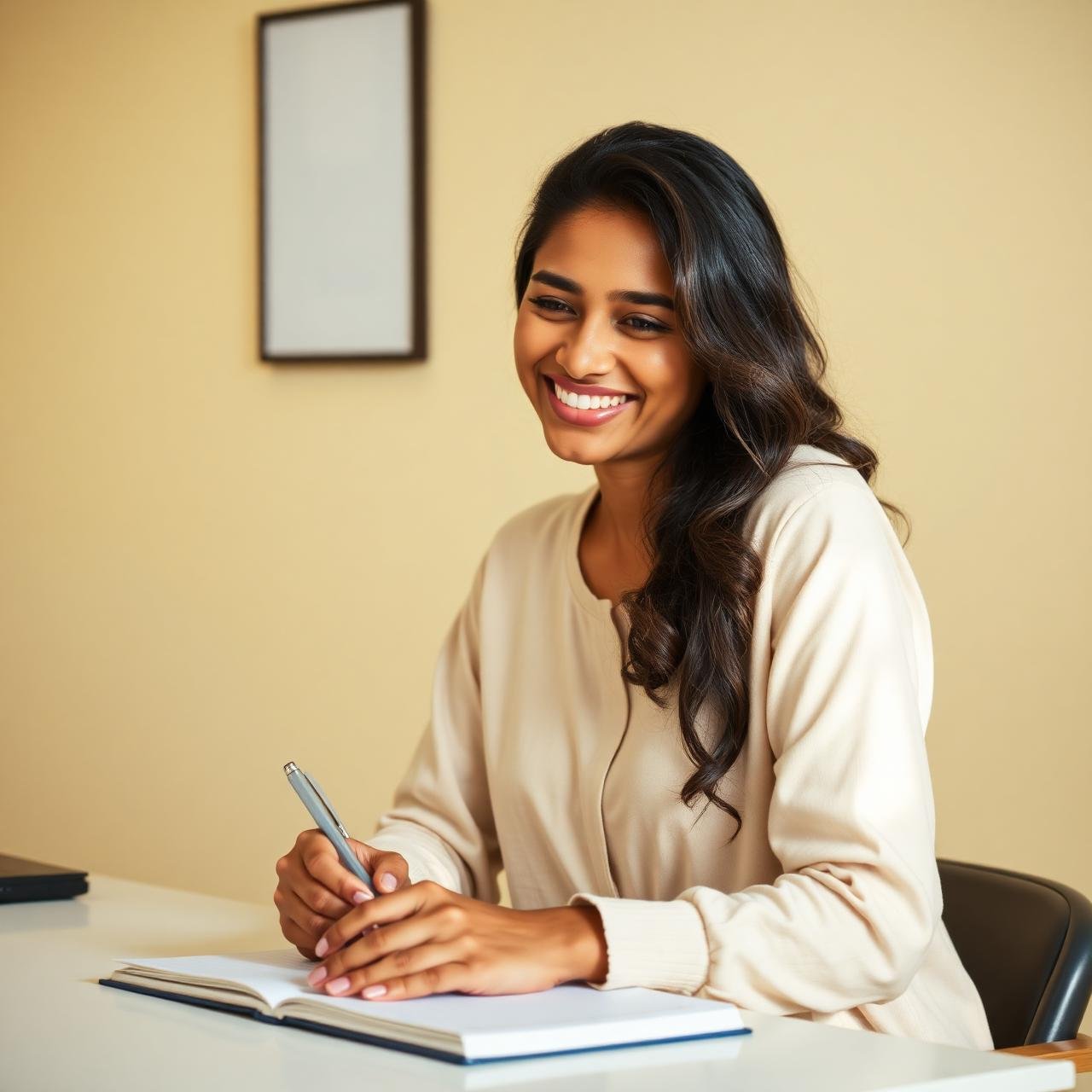 Woman happily doing handwriting work from home