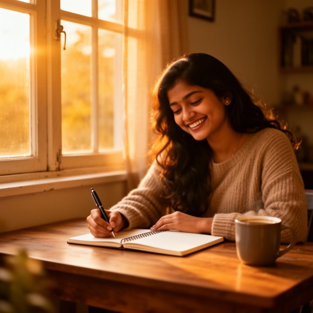 Member working from home writing in a notebook